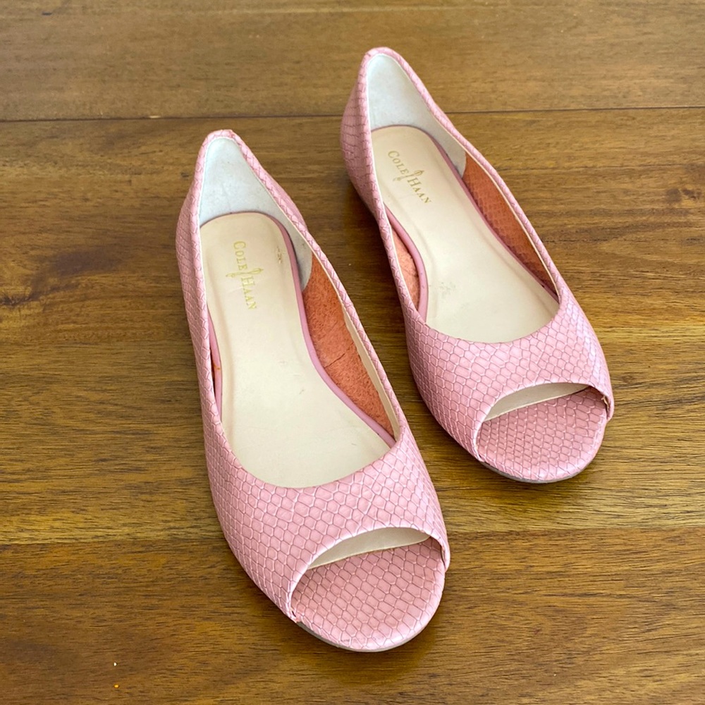 Cole Haan Morgan Ballet Peep-Toe Snake Embossed Leather Flats